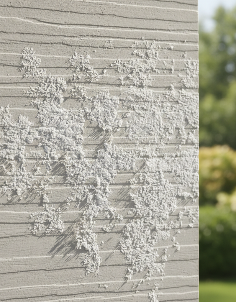 Close-up of white powdery efflorescence on a fiber cement siding panel