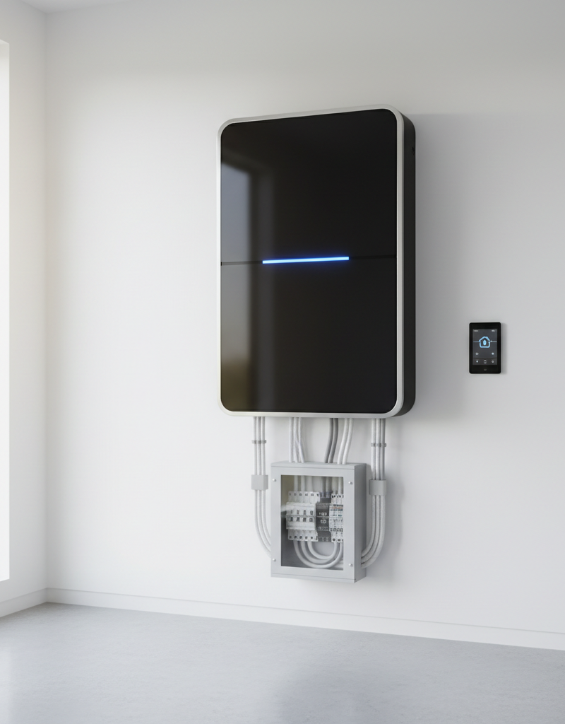 Modern whole-home battery unit connected to electrical panel in a well-organized garage