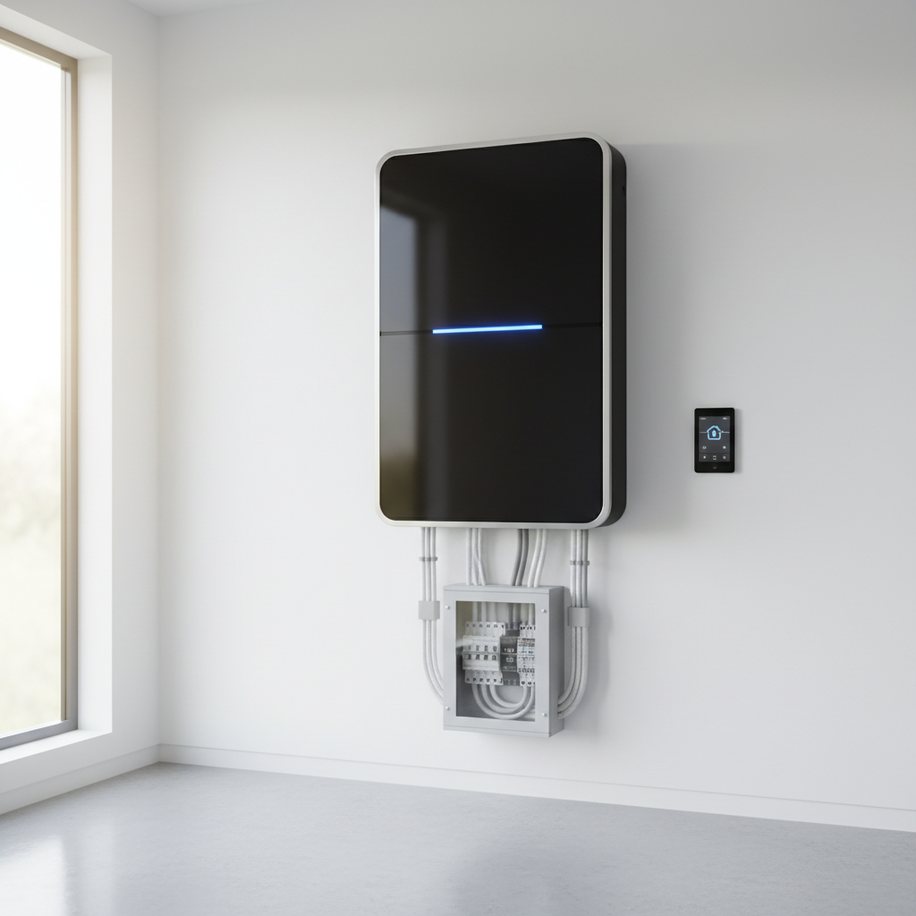 Modern whole-home battery unit connected to electrical panel in a well-organized garage