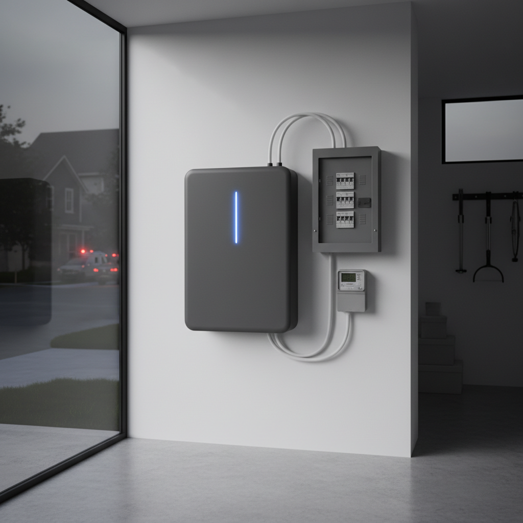 Sleek whole-home battery unit installed in a modern utility room during a power outage