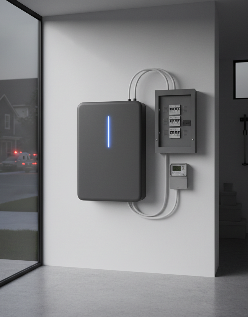 Sleek whole-home battery unit installed in a modern utility room during a power outage