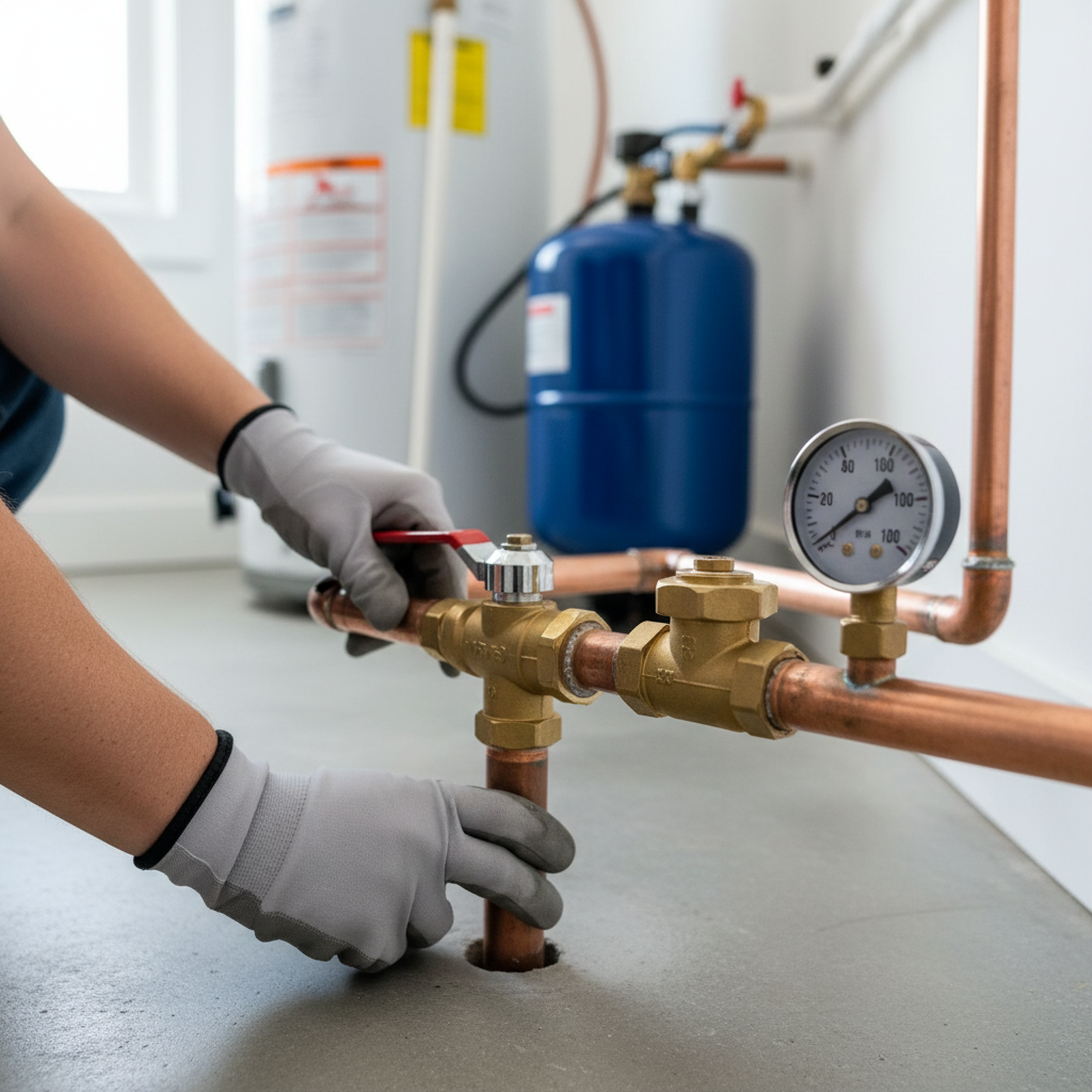 Homeowner checking main water shut-off valve with a water pressure gauge next to a water heater.