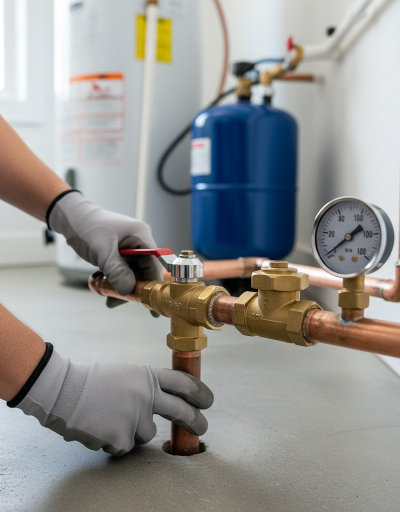 Homeowner checking main water shut-off valve with a water pressure gauge next to a water heater.