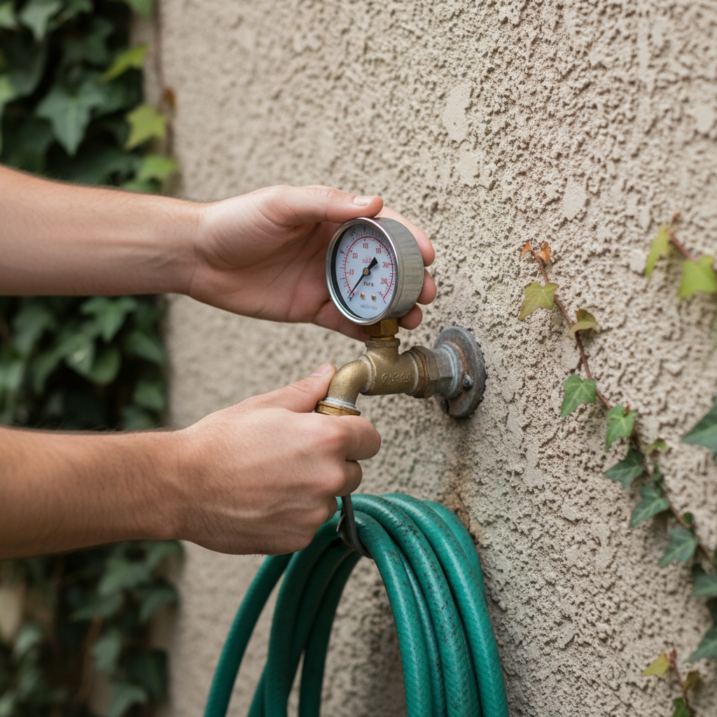 Homeowner testing water pressure with a gauge on an outdoor hose bib, showing low PSI.