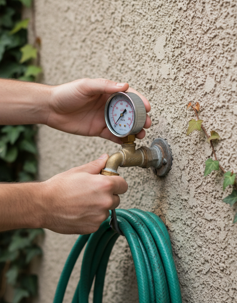 Homeowner testing water pressure with a gauge on an outdoor hose bib, showing low PSI.