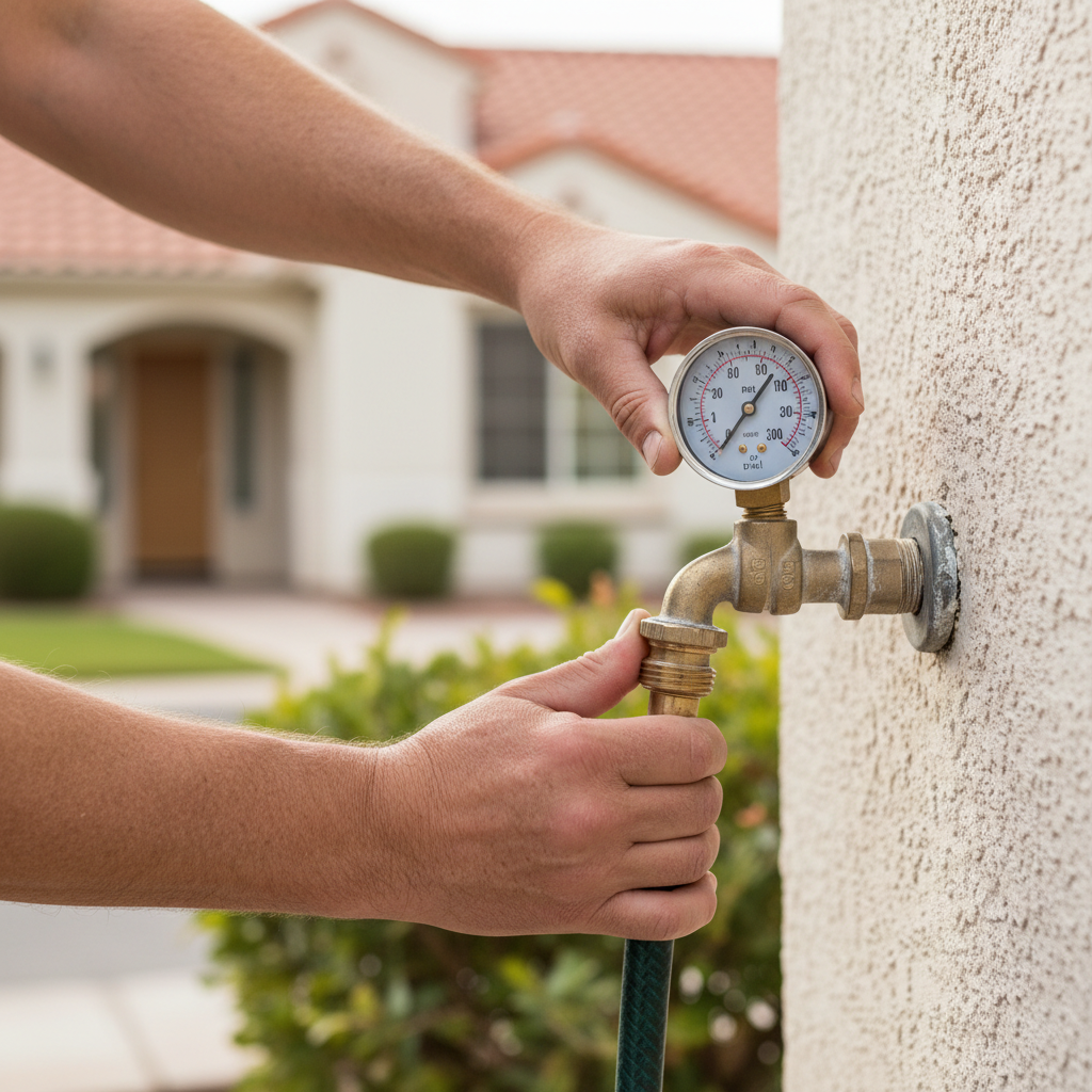 Homeowner attaching a water pressure gauge to an outdoor spigot to test for low water pressure.