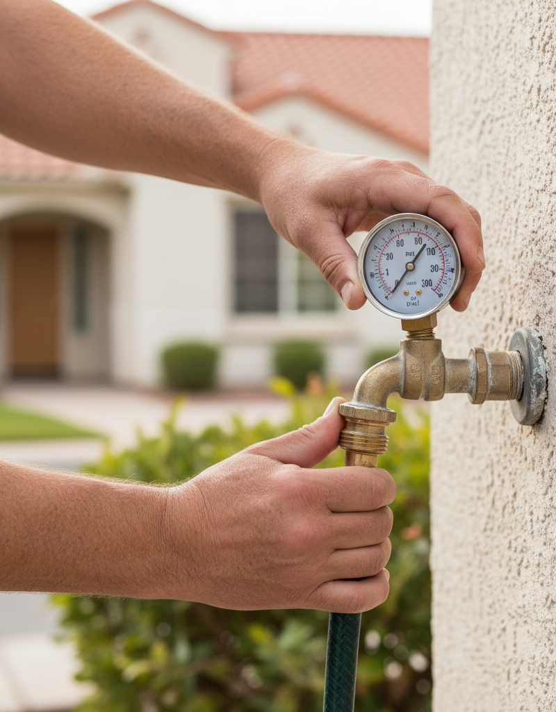Homeowner attaching a water pressure gauge to an outdoor spigot to test for low water pressure.