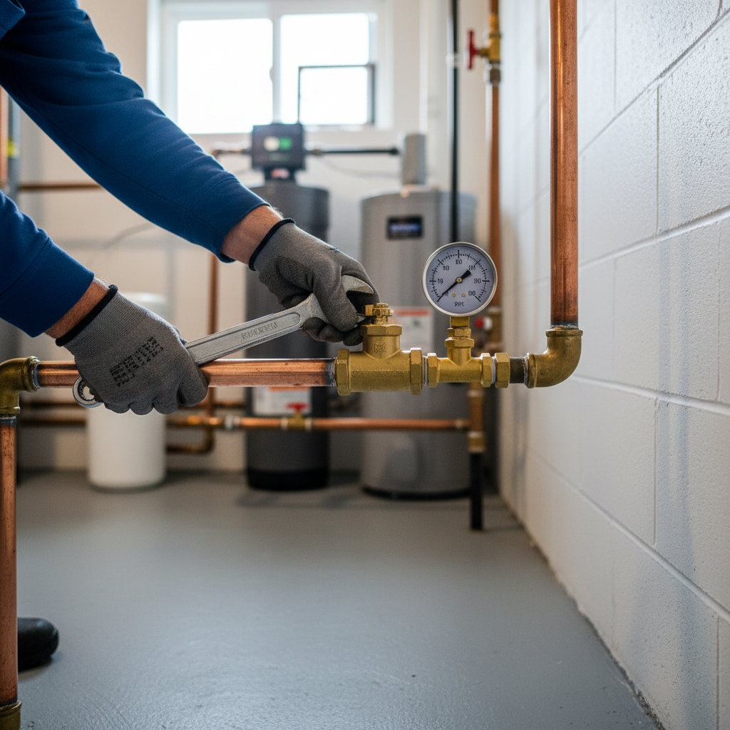 Homeowner adjusting a brass pressure reducing valve (PRV) on a main water line in a basement.