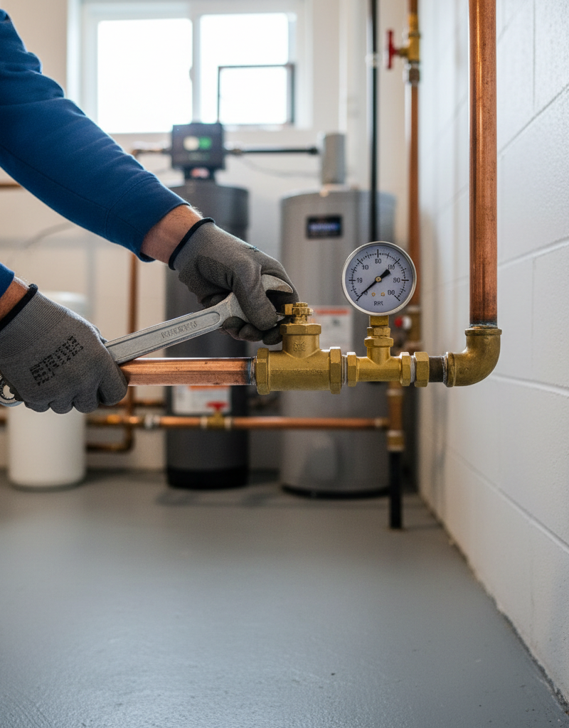 Homeowner adjusting a brass pressure reducing valve (PRV) on a main water line in a basement.