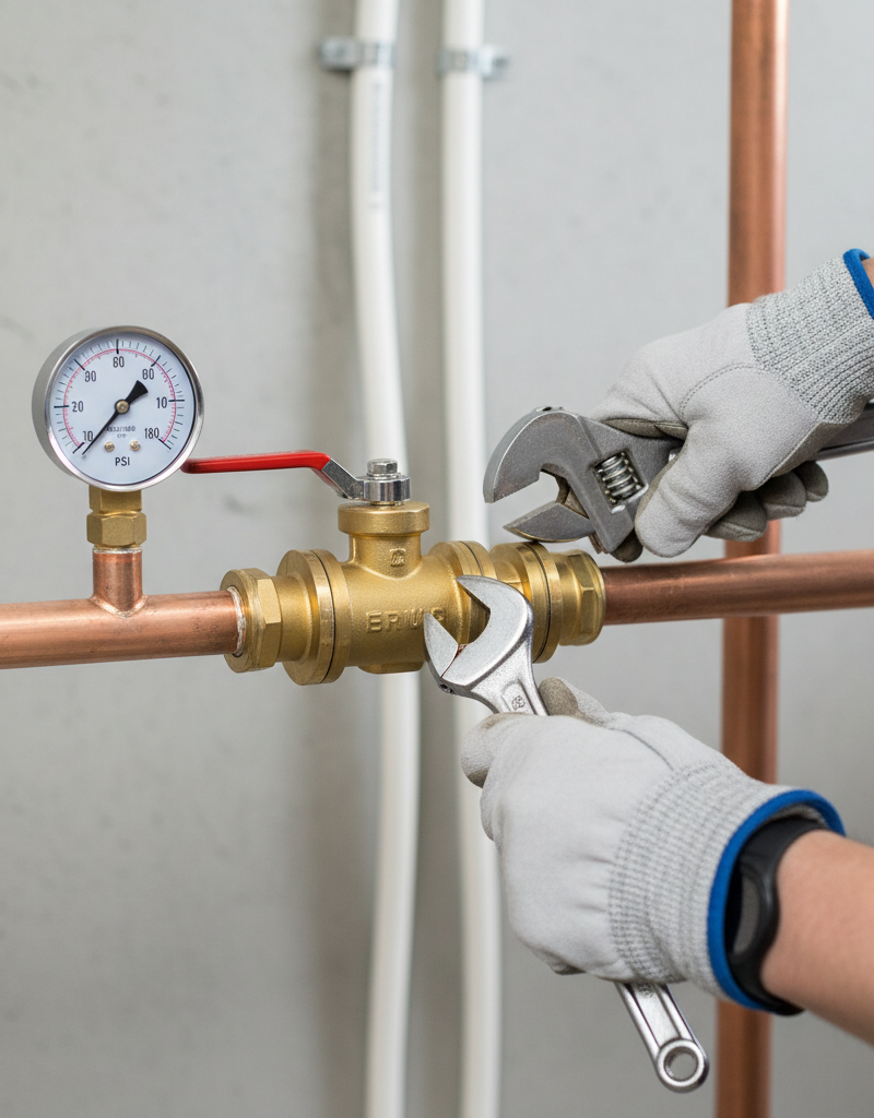 Homeowner installing a new brass pressure-reducing valve (PRV) on a main water line to fix low water pressure.