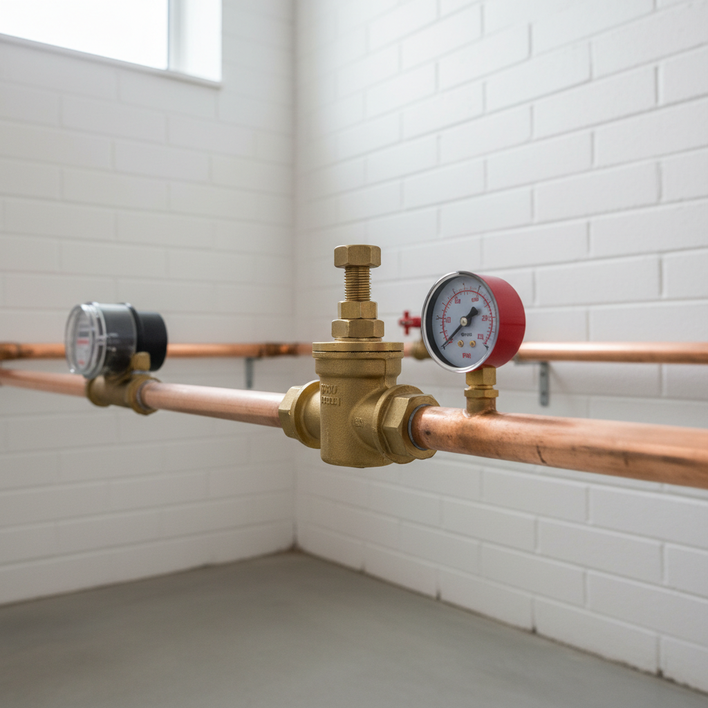 Pressure reducing valve on a copper pipe in a home basement with a water pressure gauge attached.
