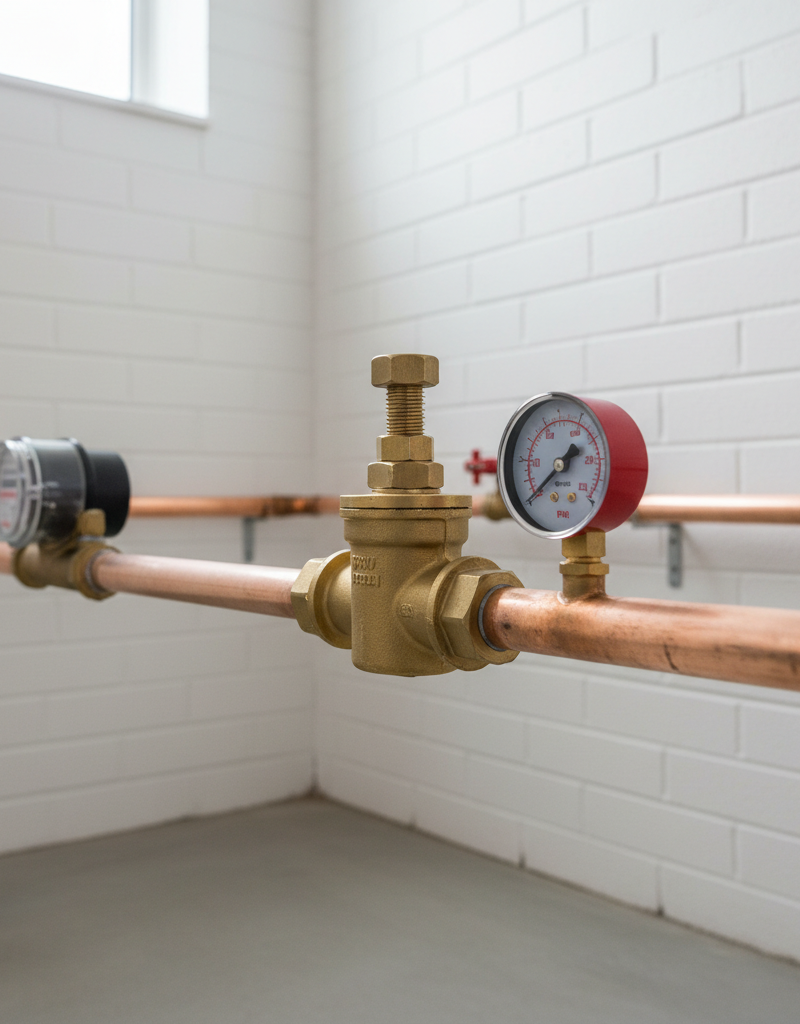 Pressure reducing valve on a copper pipe in a home basement with a water pressure gauge attached.