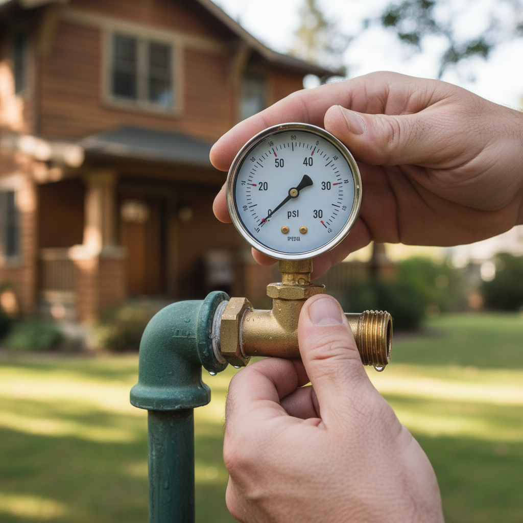 Homeowner testing outdoor spigot with a water pressure gauge showing low pressure