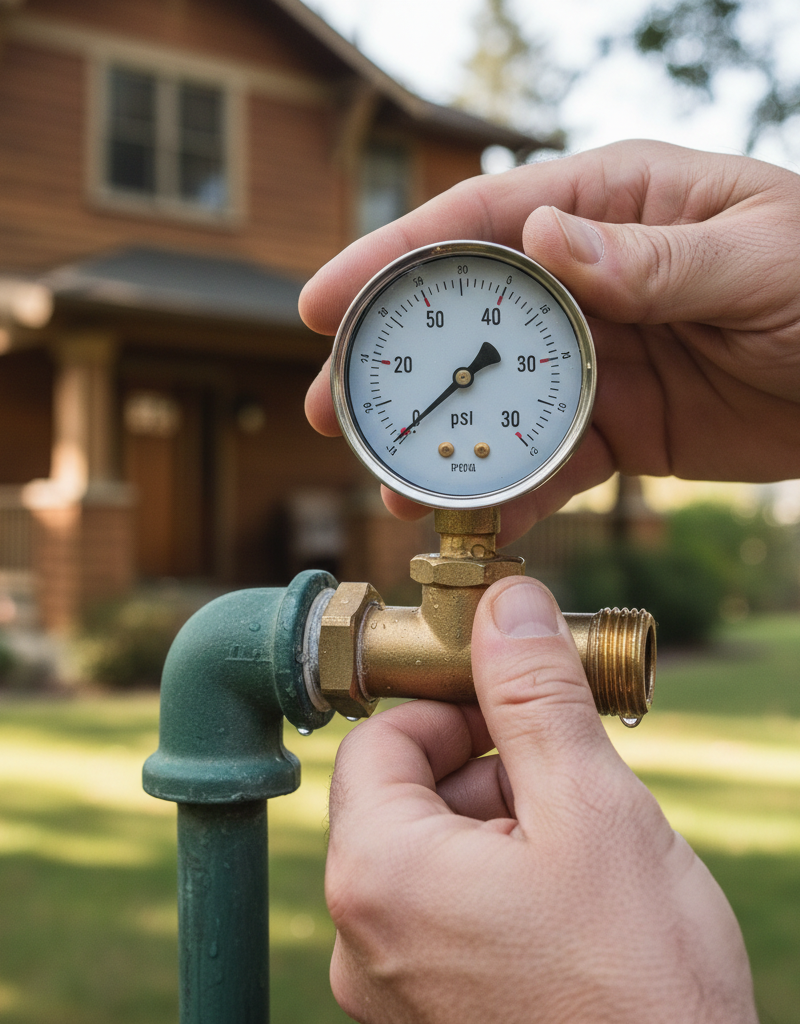 Homeowner testing outdoor spigot with a water pressure gauge showing low pressure