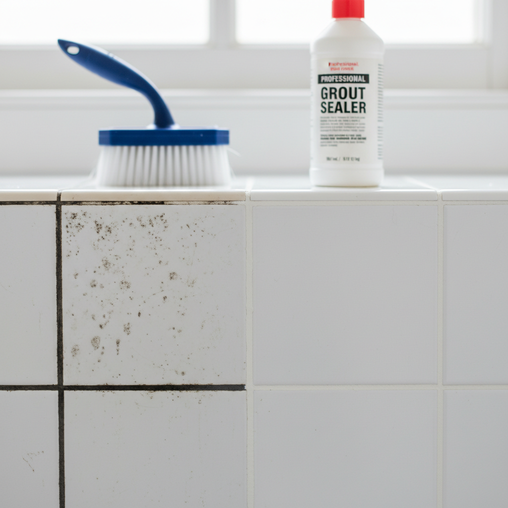 Close-up of dirty bathroom grout next to clean, sealed grout