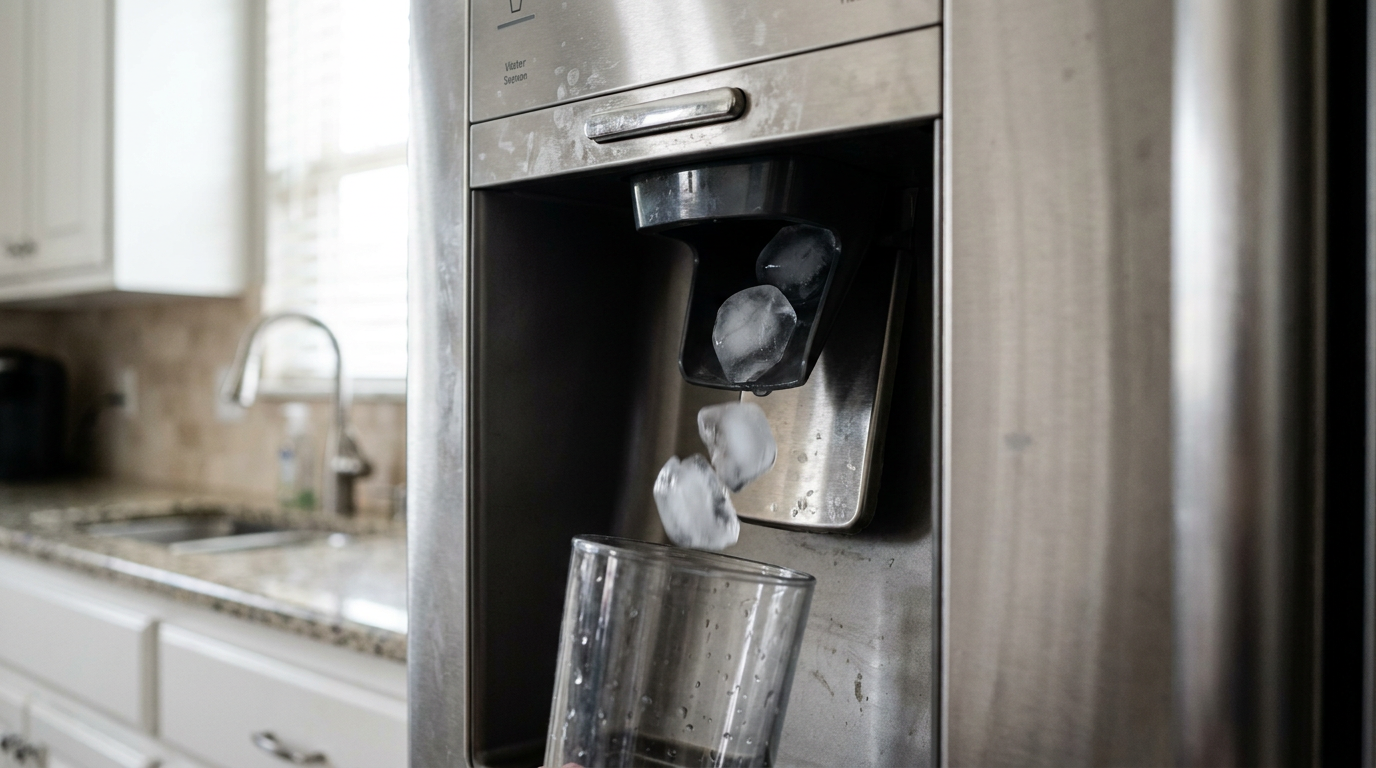 Ice cubes falling from a refrigerator dispenser into a glass, illustrating the problem of bad-tasting ice.