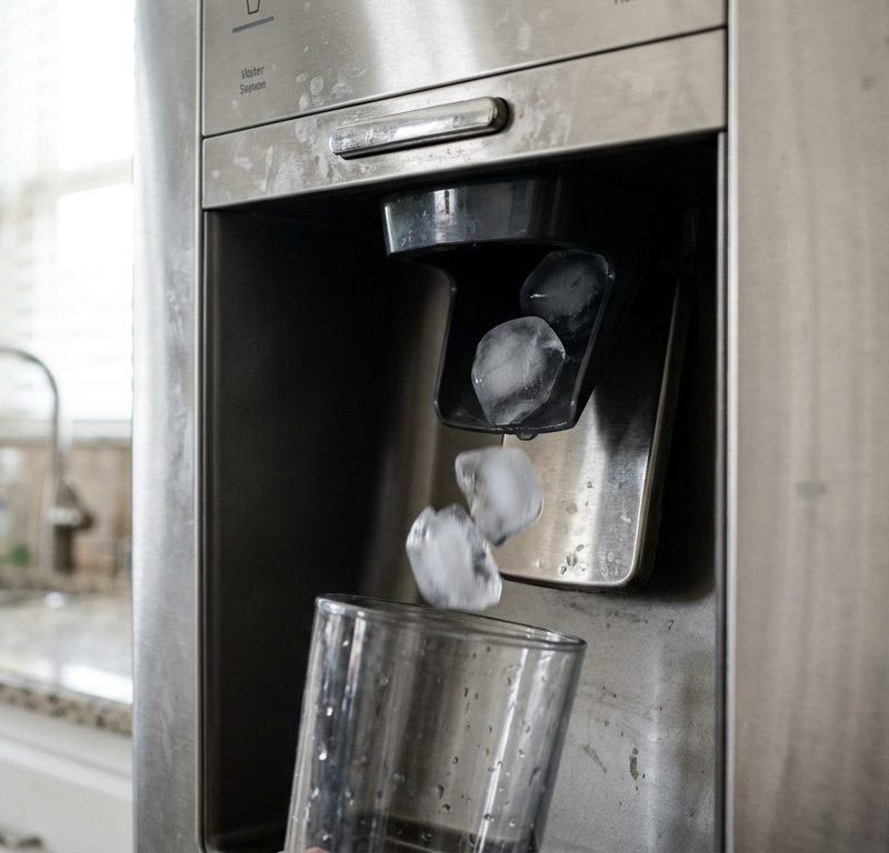 Ice cubes falling from a refrigerator dispenser into a glass, illustrating the problem of bad-tasting ice.