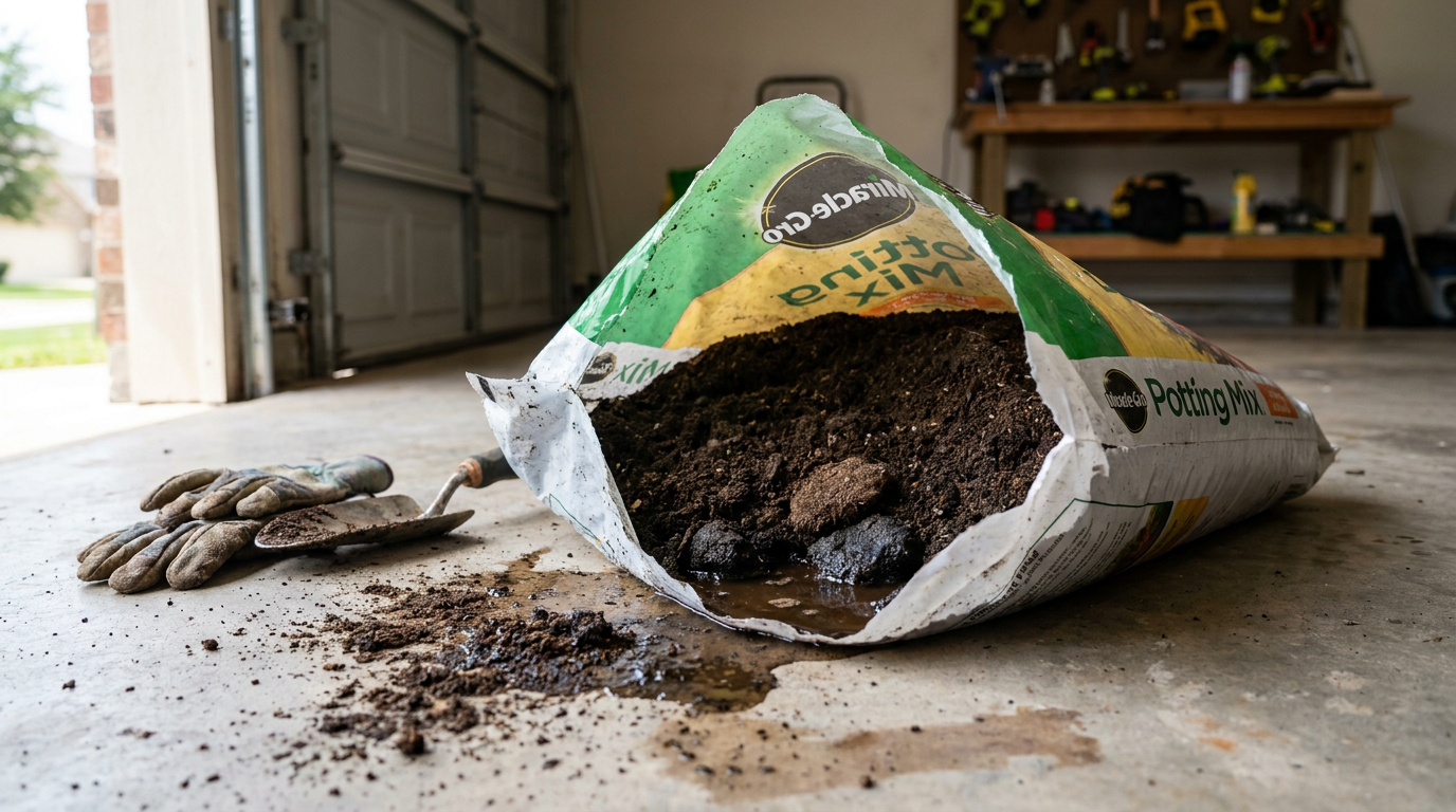 A close-up of a torn bag of wet, smelly potting soil that has gone anaerobic.