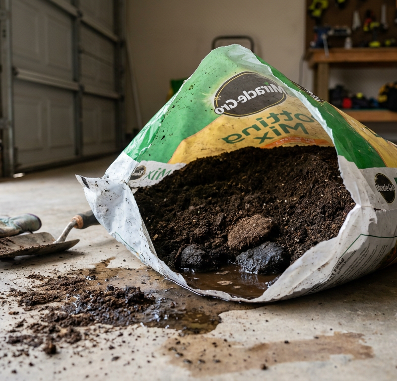 A close-up of a torn bag of wet, smelly potting soil that has gone anaerobic.