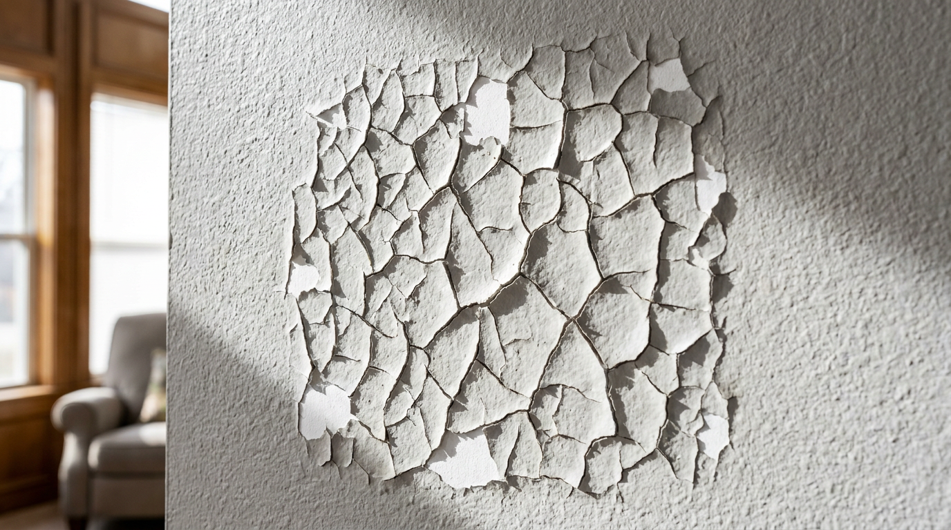 Close-up of a wall with cracked and alligatored gray paint, showing the paint failure.