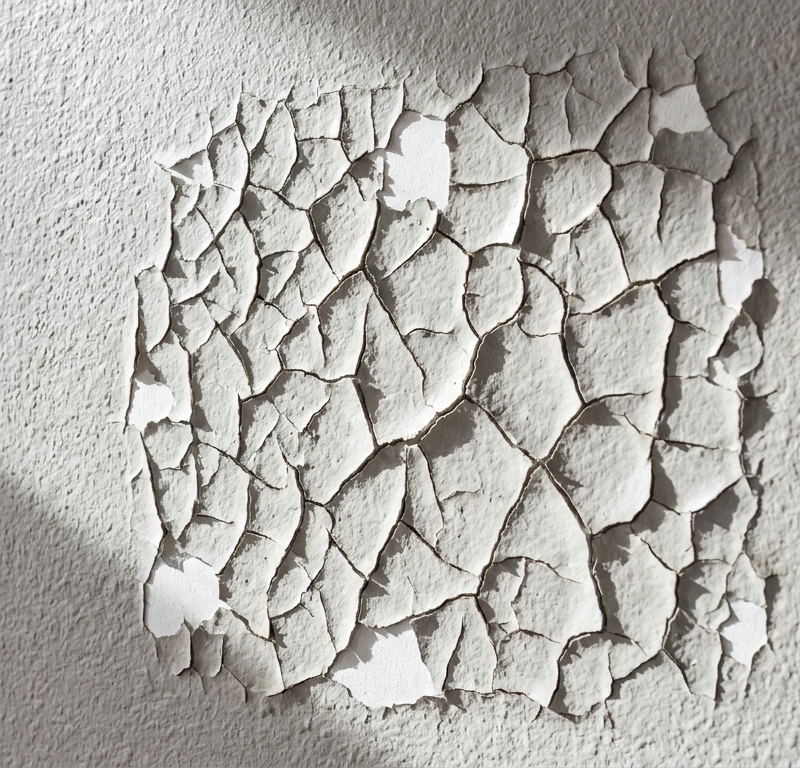 Close-up of a wall with cracked and alligatored gray paint, showing the paint failure.