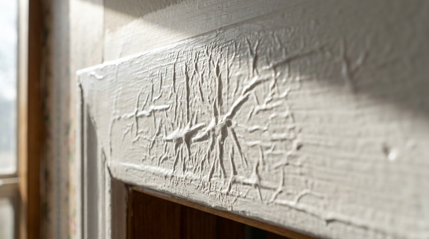Close-up of wrinkled and puckered fresh paint on an interior wall trim board