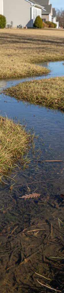 Patchy residential lawn with dry, yellow grass and standing water on the surface, indicating poor absorption