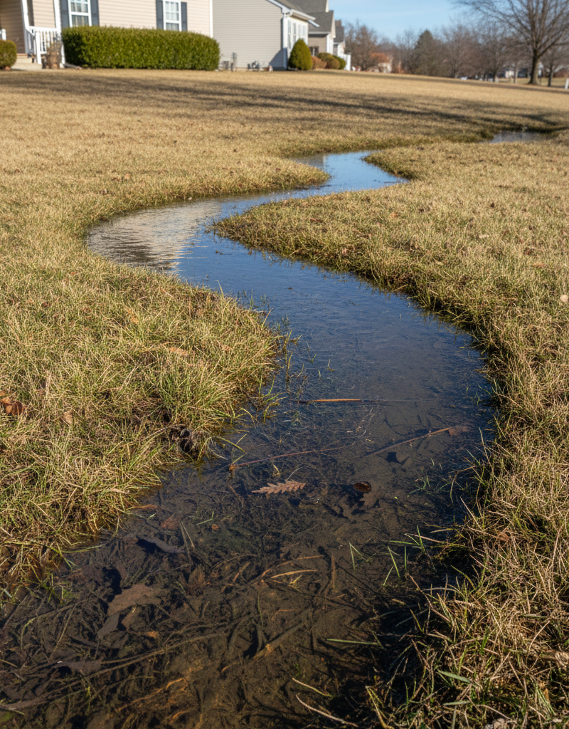 Patchy residential lawn with dry, yellow grass and standing water on the surface, indicating poor absorption