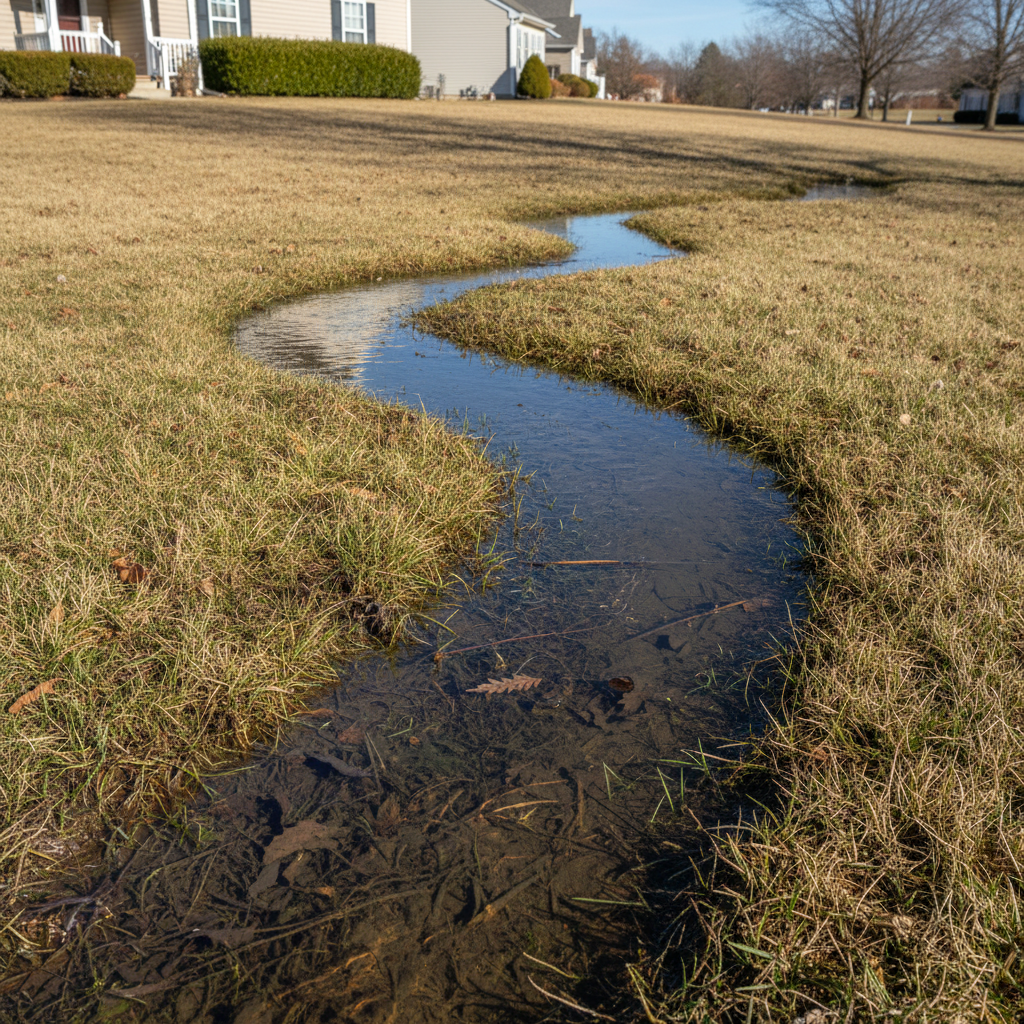 Patchy residential lawn with dry, yellow grass and standing water on the surface, indicating poor absorption