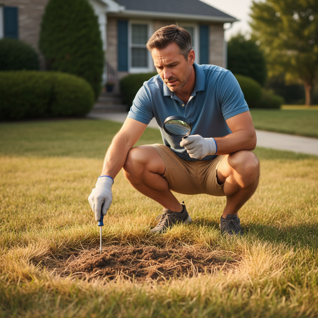 Homeowner inspecting yellow lawn for problems with a screwdriver and magnifying glass