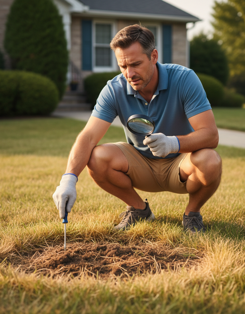 Homeowner inspecting yellow lawn for problems with a screwdriver and magnifying glass