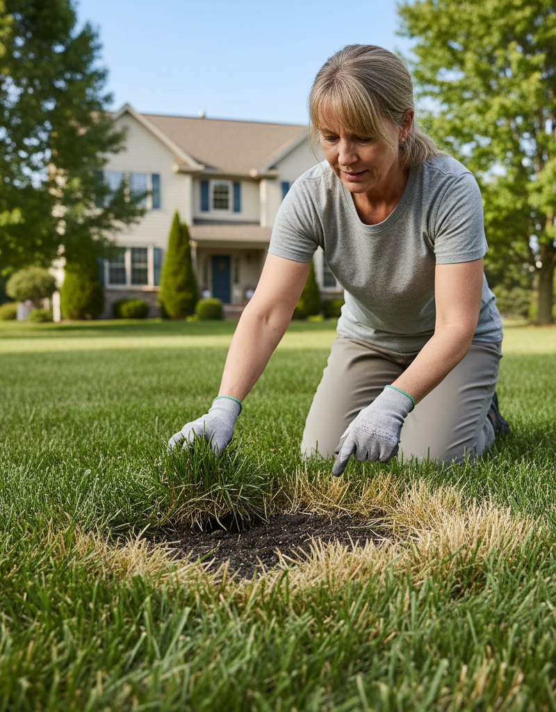 Homeowner inspecting yellow grass in a green lawn during summer