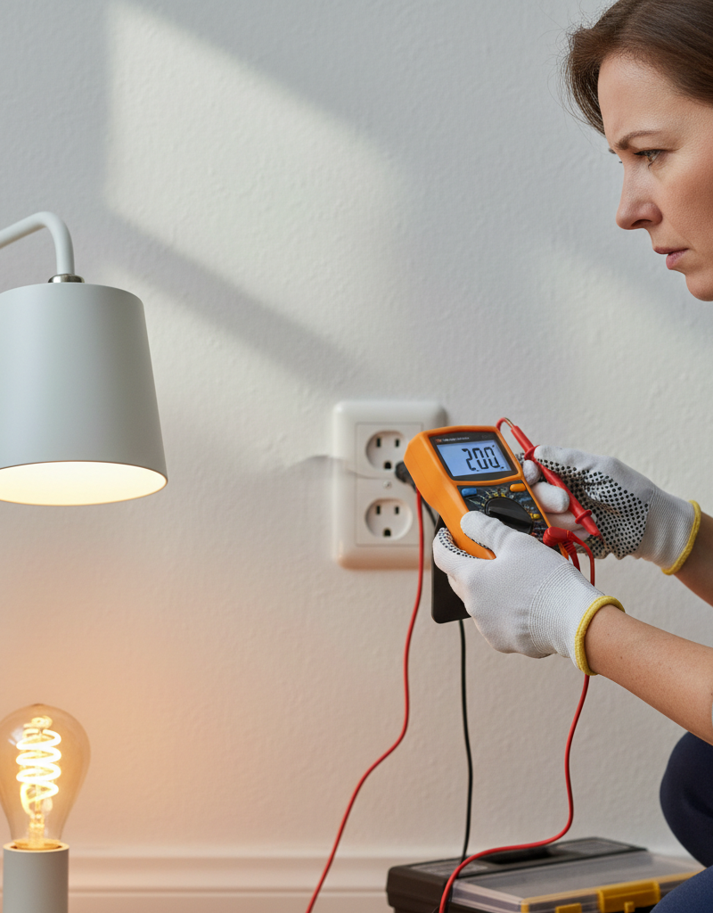 Homeowner using a multimeter to check voltage in an outlet, troubleshooting a frequently burning out LED bulb.