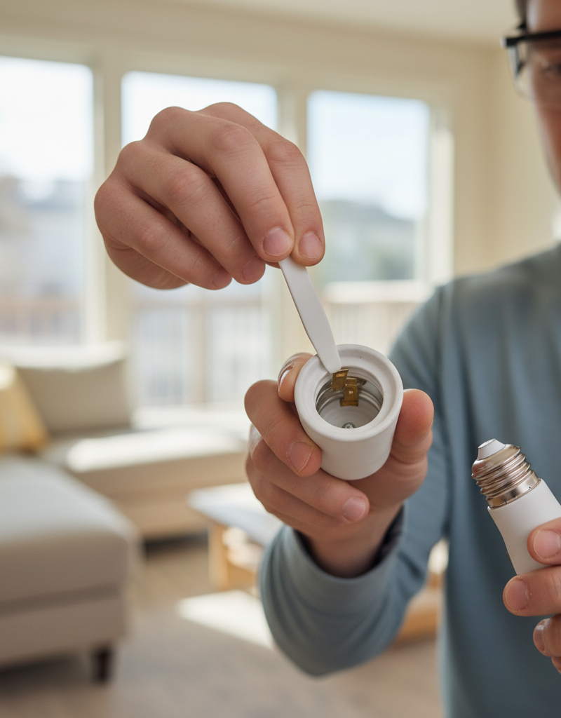 Homeowner gently adjusting a light socket contact with a plastic tool to fix a failing LED bulb