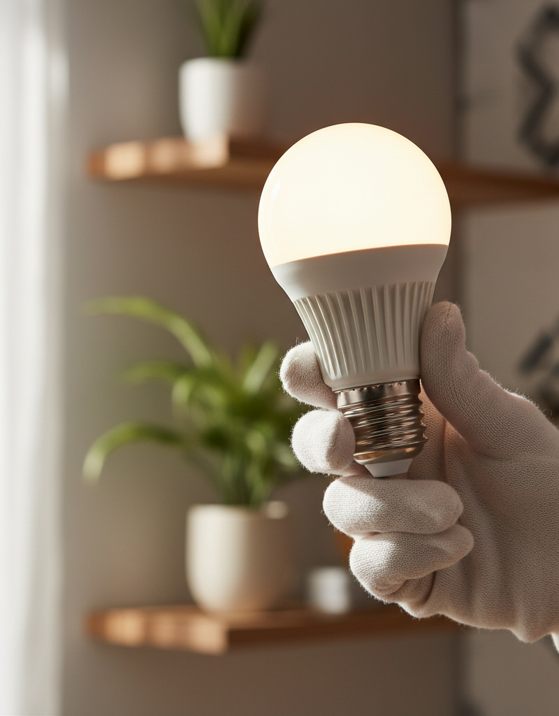 Hand carefully twisting a modern LED bulb into an indoor light fixture.