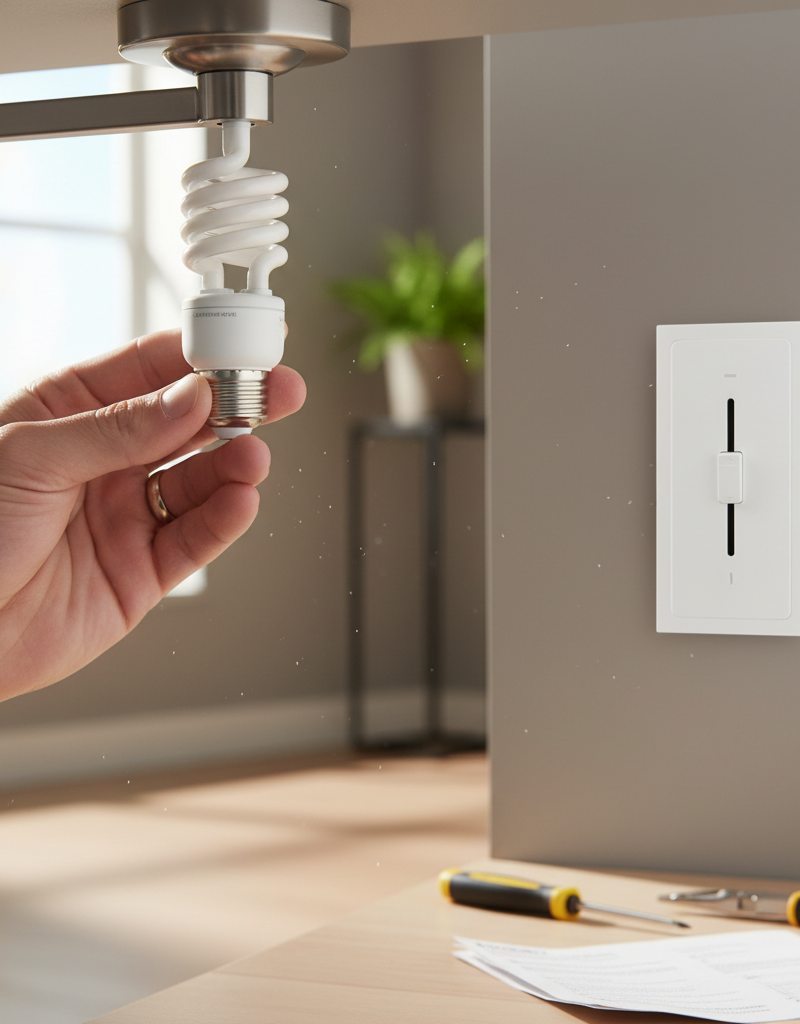 Homeowner installing an LED bulb, checking an LED-compatible dimmer switch