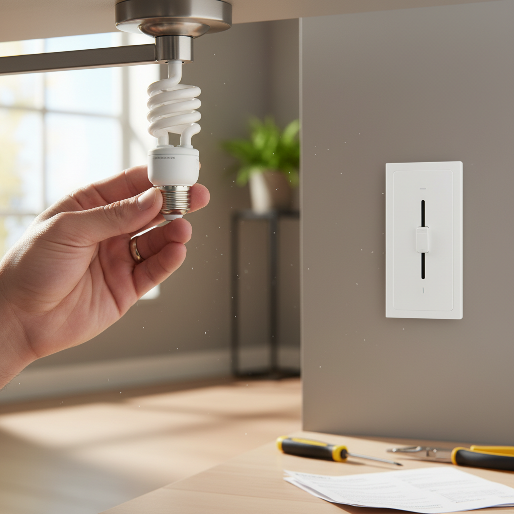 Homeowner installing an LED bulb, checking an LED-compatible dimmer switch