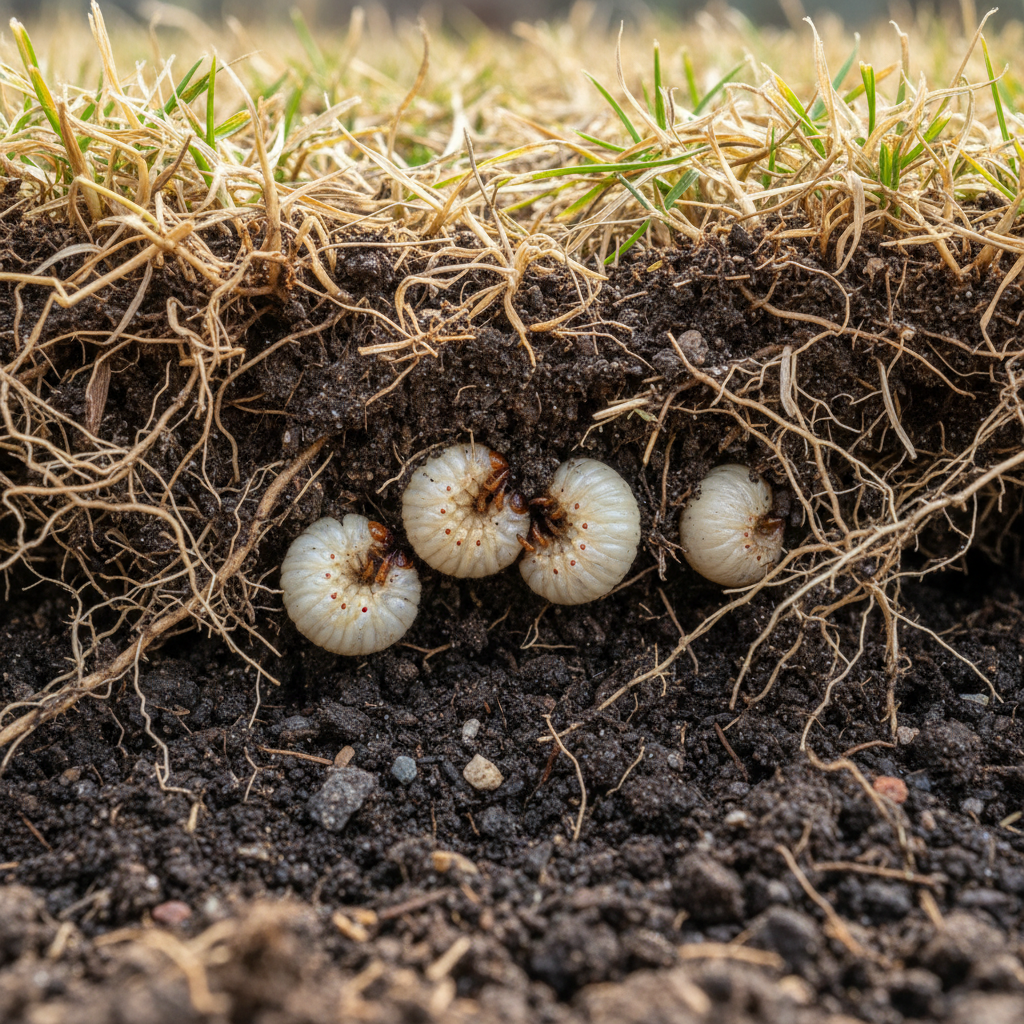 C-shaped white grubs visible in the soil beneath a patch of brown, dying sod that has been lifted up.