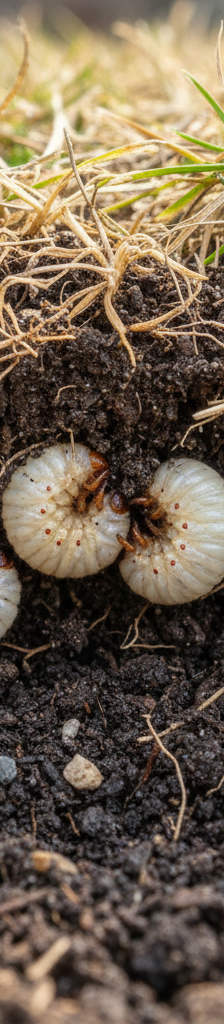 C-shaped white grubs visible in the soil beneath a patch of brown, dying sod that has been lifted up.