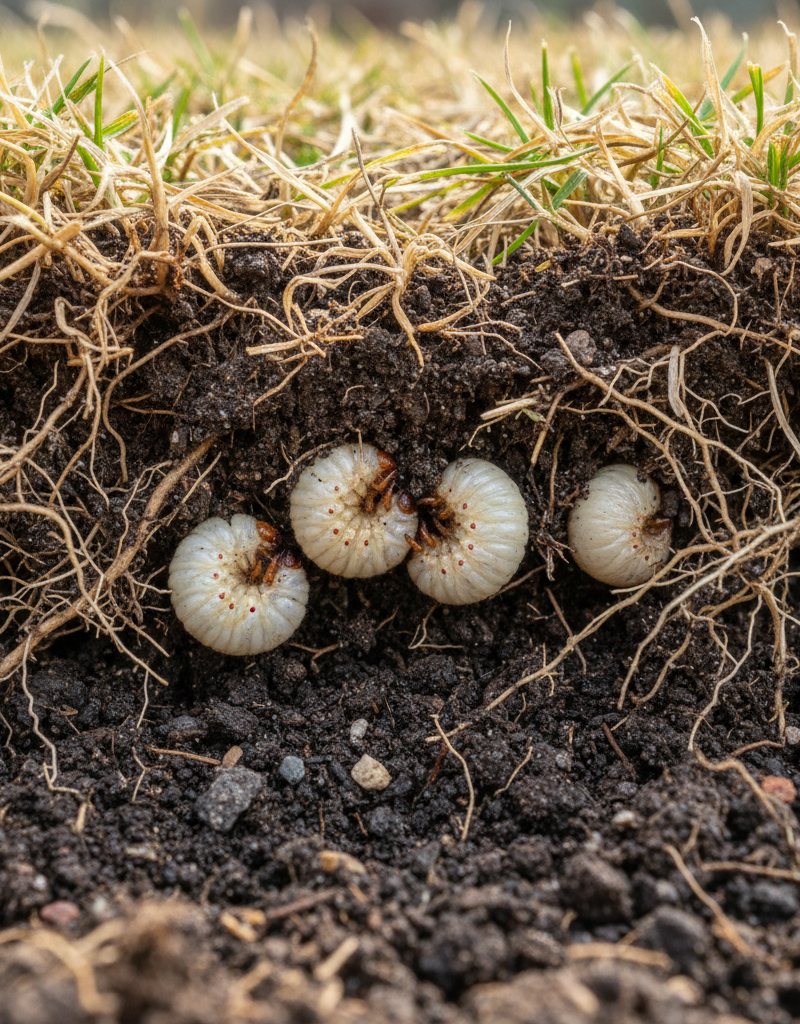 C-shaped white grubs visible in the soil beneath a patch of brown, dying sod that has been lifted up.
