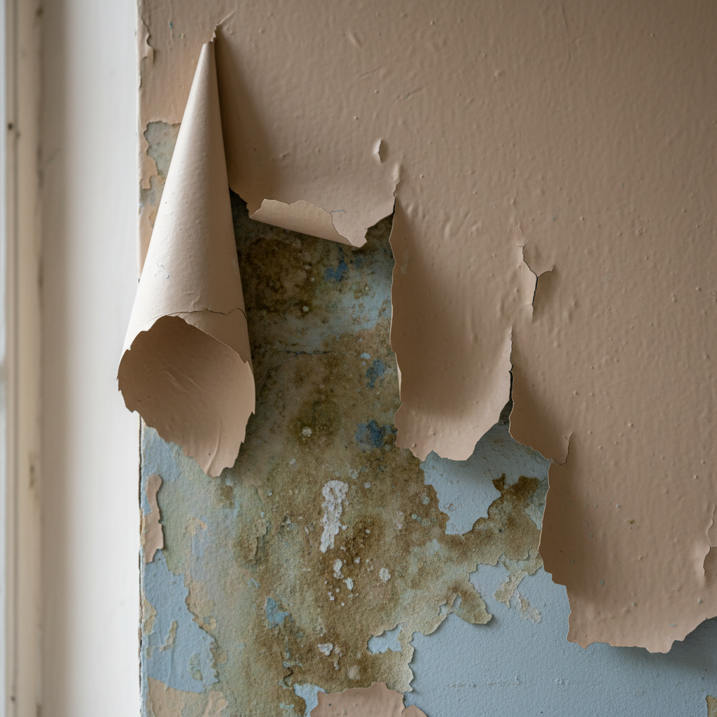 Close-up of interior wall paint peeling and curling in large sheets due to underlying moisture damage.