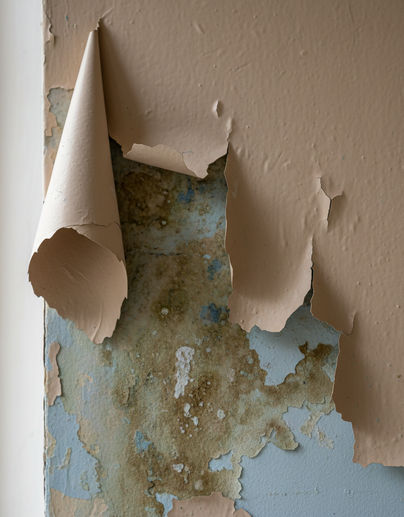 Close-up of interior wall paint peeling and curling in large sheets due to underlying moisture damage.