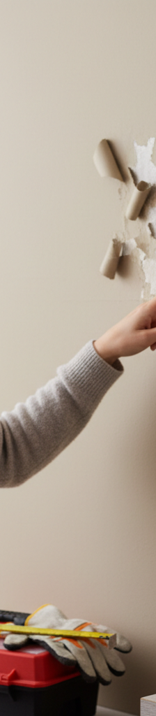 Homeowner inspecting a wall with condensation and peeling paint, pointing to moisture.
