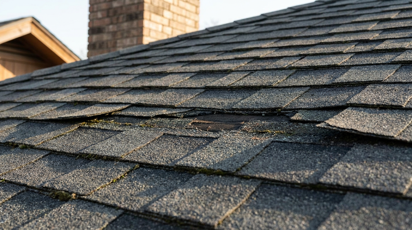 Close-up of wind-creased asphalt roof shingles with dark fracture lines and missing mineral granules