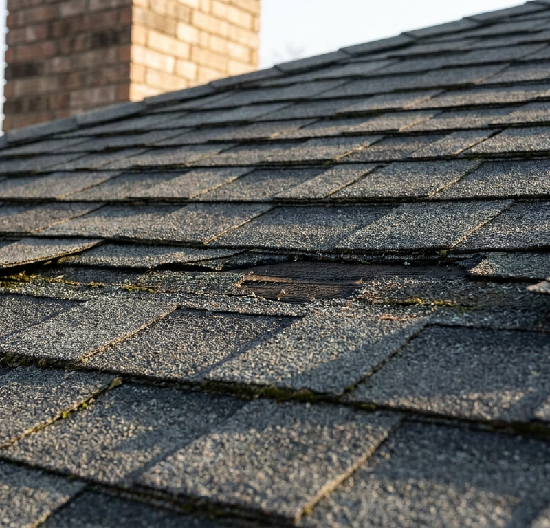 Close-up of wind-creased asphalt roof shingles with dark fracture lines and missing mineral granules