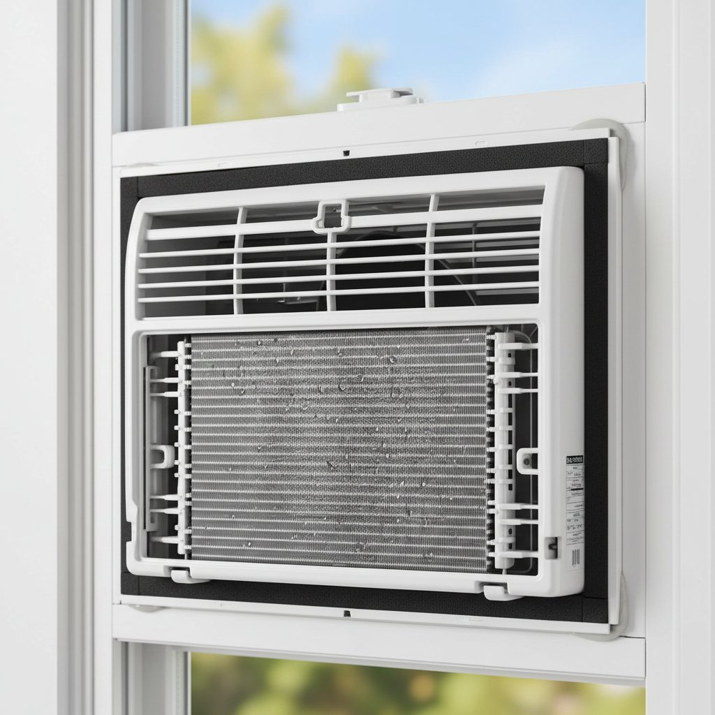 A clean window air conditioner unit correctly installed and sealed in a window frame, signifying efficient cooling.