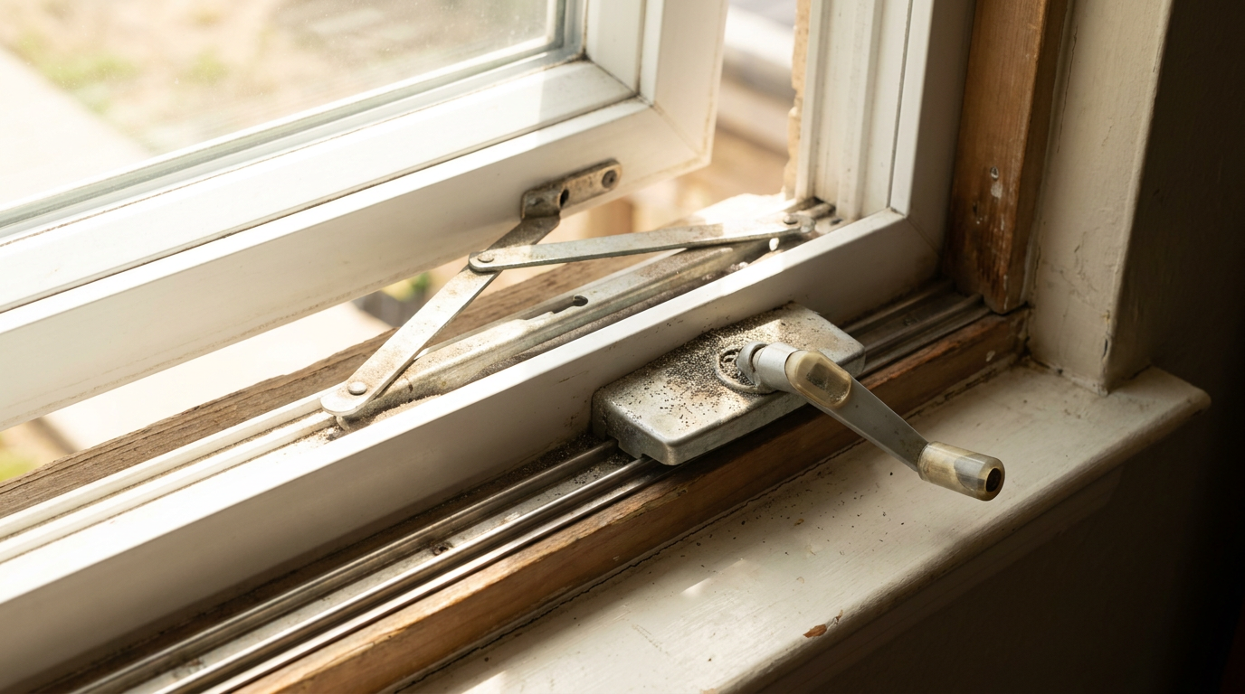 Close-up view of a casement window crank operator and scissor arm with a gap at the sill