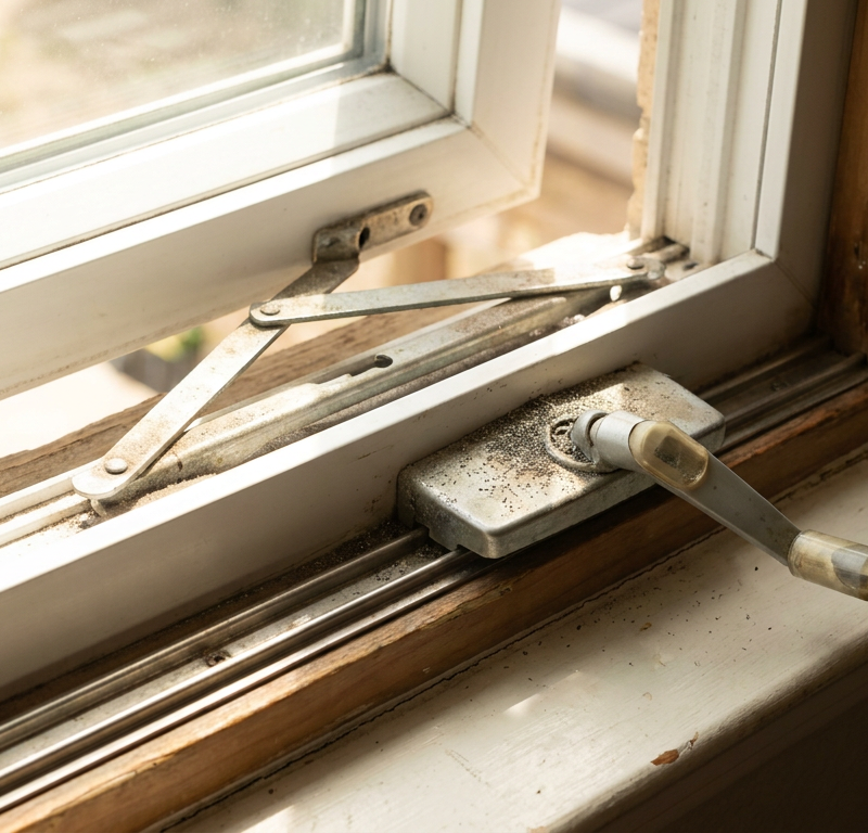 Close-up view of a casement window crank operator and scissor arm with a gap at the sill