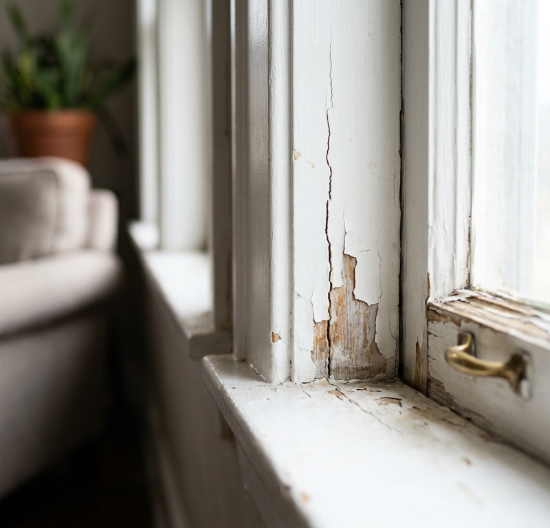 A close-up of a cracked white wood window frame showing where it needs to be repaired.