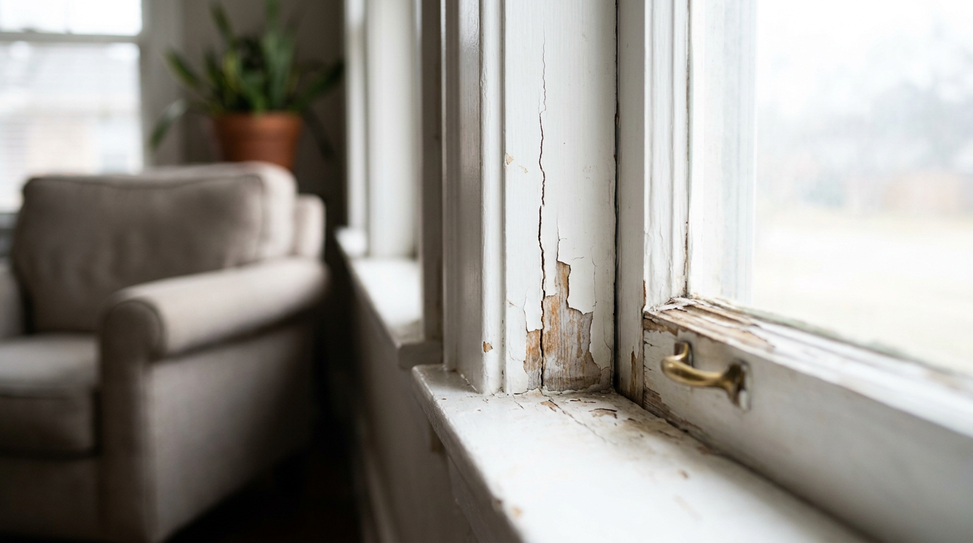 A close-up of a cracked white wood window frame showing where it needs to be repaired.